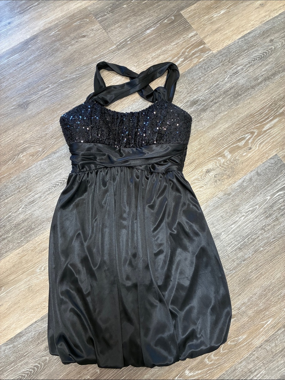 Love Tease Black Strapless Sequin Bustier Bubble Dress with Cross Back